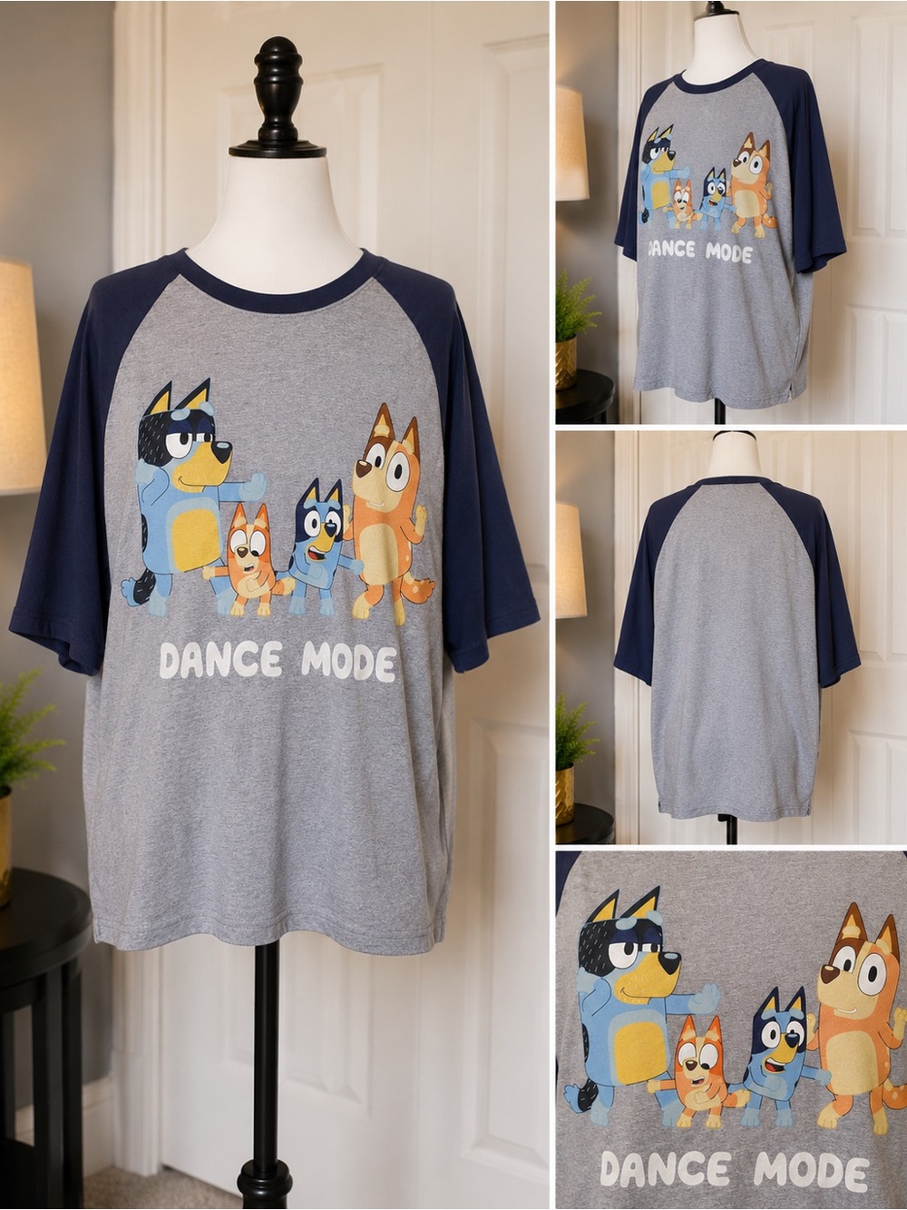 Bluey Dance Mode Graphic Raglan Tee Shirt XL Gray & Navy
